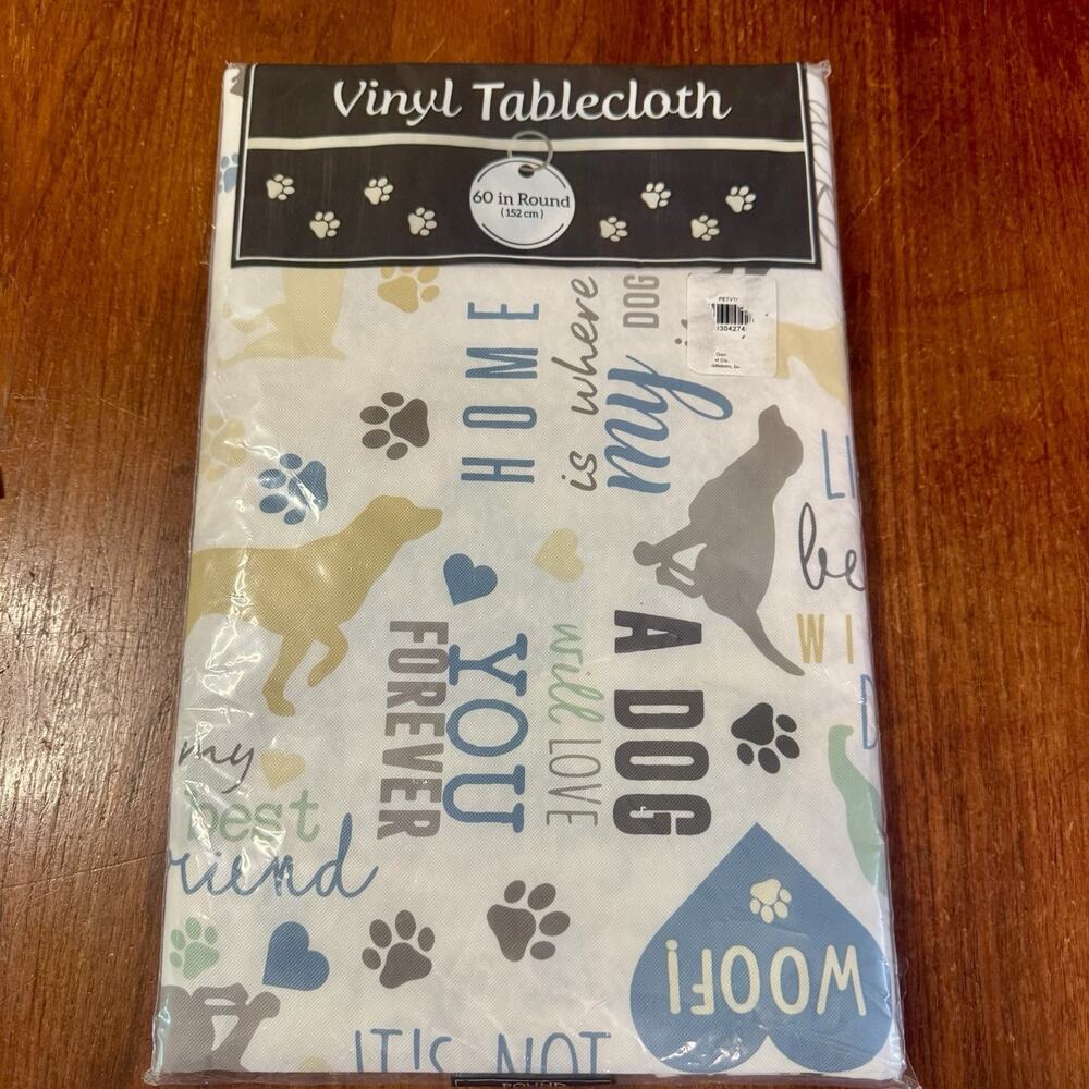 60” Round Dog Vinyl Flannel Back Tablecloth Paw Print Pet Theme Wipe Clean New